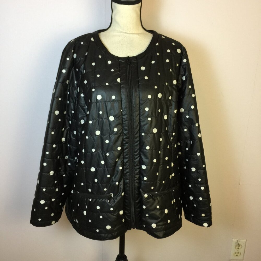 Chico's Zenergy Jacket Sz 3 Womans XL 16/18 Black White Polka Dot Quilted Zip Up